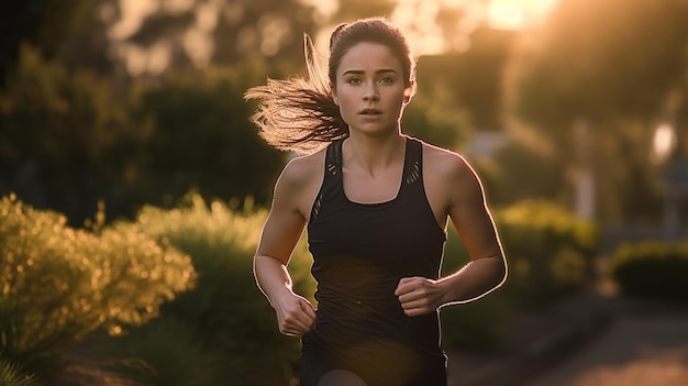 Szczęśliwa 20-letnia dziewczyna fitness biegająca w ogrodzie z generatywną sztuczną inteligencją