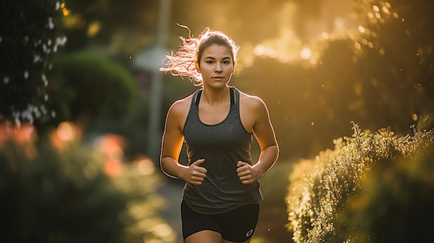 Szczęśliwa 20-letnia dziewczyna fitness biegająca w ogrodzie z generatywną sztuczną inteligencją