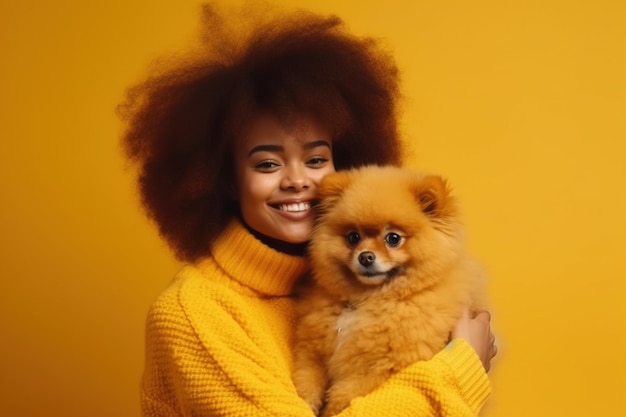 Szczęśliwa afro dziewczyna dostaje uroczego szczeniaka bawi się i z miłością przytula swojego czworonożnego przyjaciela stoi na żółtym tle nosi dzianiny żółty sweter kobieta przytula Pomorskiego Spitza Generatywna AI