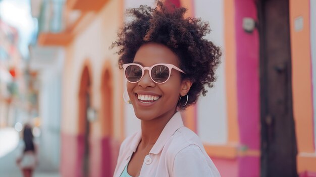 Szczęśliwa afroamerykańska kobieta nosi okulary przeciwsłoneczne żywa chodzi po ulicy