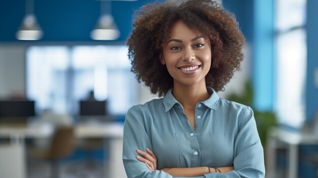 Szczęśliwa afroamerykańska młoda kobieta stojąca z skrzyżowanymi ramionami w biurze