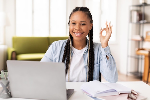 Szczęśliwa afroamerykańska studentka dająca znak "ok" i uśmiechająca się.