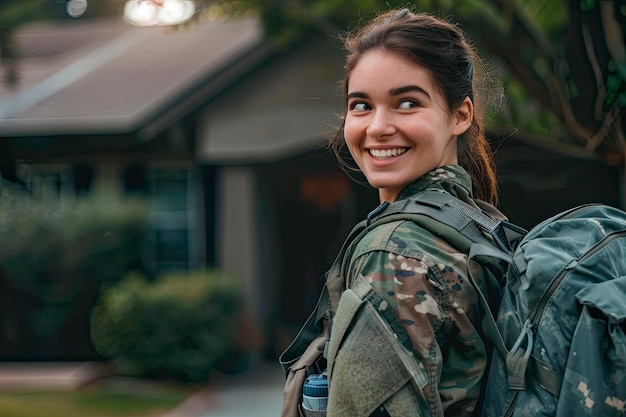 Zdjęcie szczęśliwa amerykańska żołnierzka wraca do domu po służbie w wojsku.