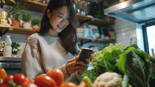 Szczęśliwa Azjatka w kuchni z nowymi zakupami za pomocą swojego smartfona Generative Ai