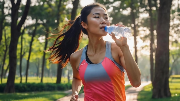 Szczęśliwa azjatycka biegaczka pije wodę z butelki podczas biegania na świeżym powietrzu w parku