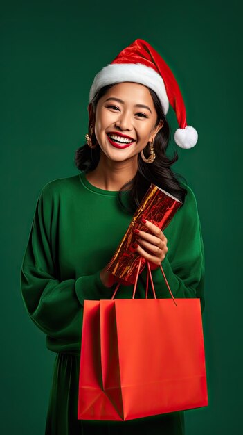 Szczęśliwa azjatycka kobieta robi zakupy w Boże Narodzenie