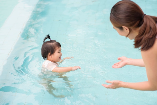 Szczęśliwa azjatycka matka i córka cieszą się pływaniem w basenie, stylem życia, rodzicielstwem, koncepcją rodziny.
