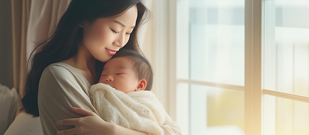 Szczęśliwa azjatycka matka trzyma śpiącego niemowlaka przy oknie w domu dziecko w ramionach rodzica matka dotyka dziecka do snu