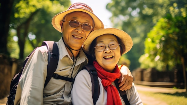 Szczęśliwa azjatycka para seniorów zanurzona w pięknie natury i malowniczych zabytkach Generacyjna ai