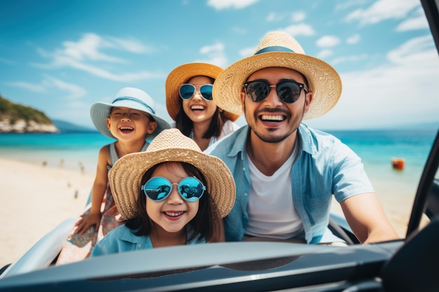 Szczęśliwa azjatycka rodzina ciesząca się podróżą swoim ulubionym samochodem Rodzice i dzieci podróżują nad morze lub ocean