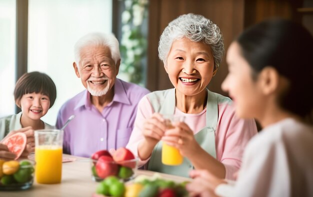 Szczęśliwa azjatycka rodzina toastająca zdrowy sok owocowy Generatywna sztuczna inteligencja