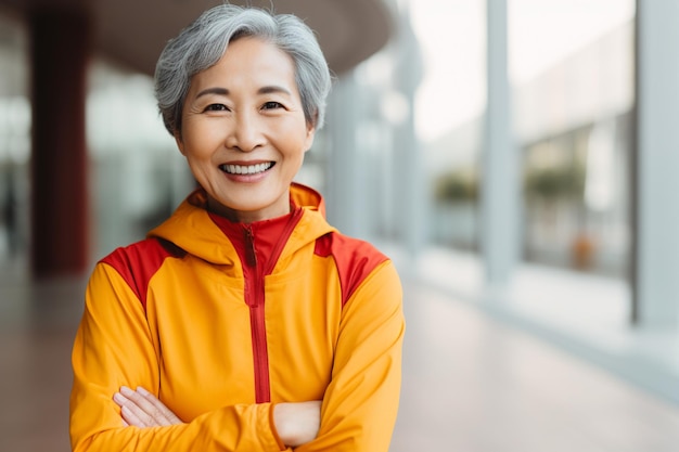 Szczęśliwa azjatycka starsza kobieta w odzieży sportowej uśmiecha się i patrzy na kamerę. Autor: AI