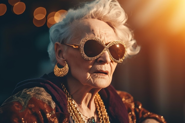 Szczęśliwa babcia ze złotą biżuterią wygenerowaną przez AI