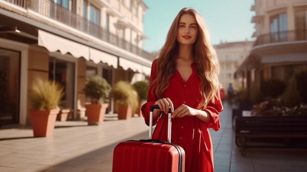 Szczęśliwa białka, ładnie długie włosy, elegancka turystka w sukience z czerwoną walizką przed hotelem.