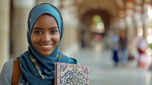 Szczęśliwa czarna muzułmańska studentka na uniwersytecie portret siebie dla perspektyw życzenia Generative Ai