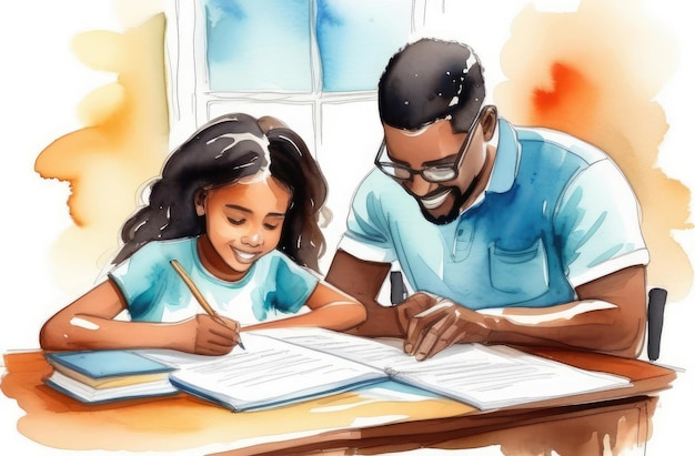 szczęśliwa czarna rodzina robiąca pracę domową córka robijąca pracę domową z ojcem