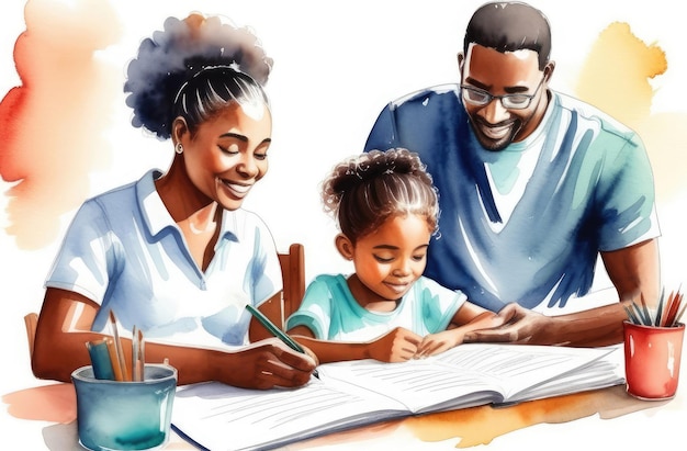 szczęśliwa czarna rodzina robiąca pracę szkolną córka robijąca pracę domową z rodzicami