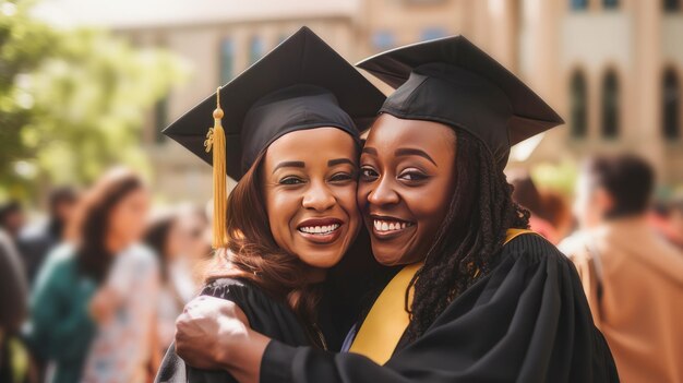 Szczęśliwa czarnoskóra afroamerykańska matka uściskająca swoją córkę studentkę w czapce absolwentki