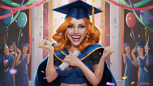 Szczęśliwa, czerwona absolwentka w czapce i płaszczu, uśmiechnięta, trzymająca dyplom.
