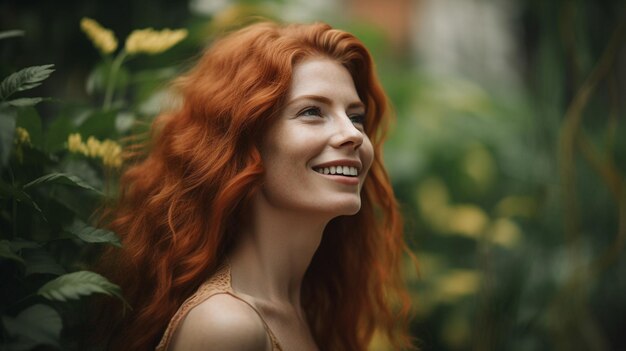 Szczęśliwa czerwona kobieta z długimi falującymi włosami z dużym uśmiechem i białymi zębami Generative AI