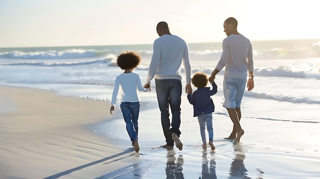 Szczęśliwa czteroosobowa rodzina spaceruje po plaży, słońce zachodzi, a fale uderzają w brzeg, rodzina trzyma się za ręce i uśmiecha się.
