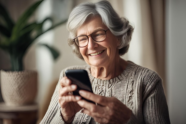 Szczęśliwa dojrzała starsza kobieta w wieku 60 lat trzymająca smartfon używająca aplikacji do telefonów komórkowych Koncepcja komunikacji technologicznej i ludzi Szczęśliwe starsze kobieta ze smartfonem w domu