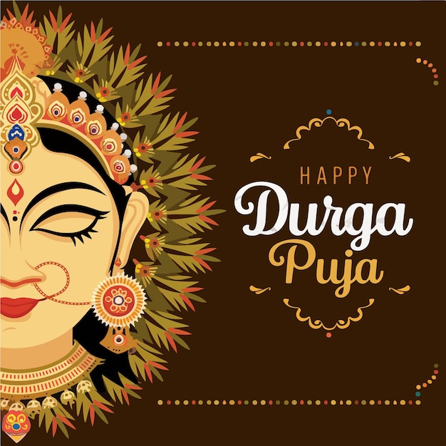 Szczęśliwa Durga Puja typograficzna z twarzą Durgi
