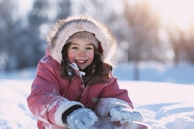 Szczęśliwa dziewczyna na sankach na świeżym powietrzu w pogodny zimowy dzień Generacyjna sztuczna inteligencja