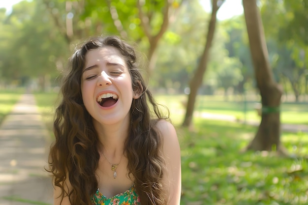Szczęśliwa dziewczyna śmiejąca się w parku