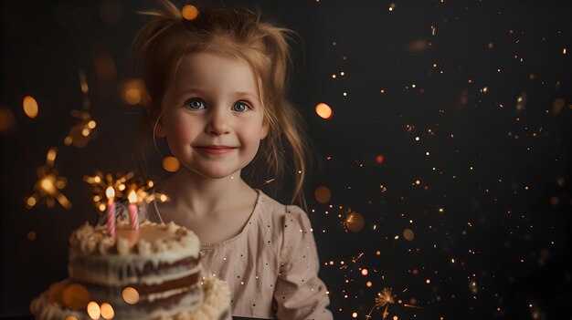 Szczęśliwa dziewczyna świętująca urodziny z tortem przy świecach ciepły, przytulny moment świętowania uchwycił radość dzieci podczas specjalnych okazji AI