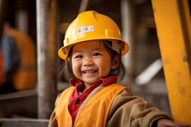 Szczęśliwa dziewczyna w kostiumie pracownika budowlanego z generatywną sztuczną inteligencją
