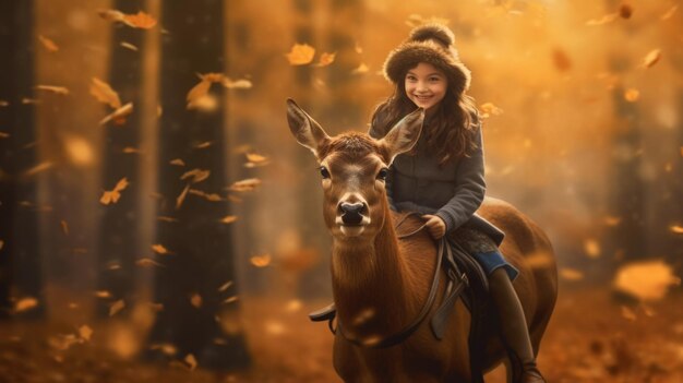 Szczęśliwa dziewczynka jadąca na jeleniu w lesie pokrytym jesiennymi liśćmi Generative AI AIG27
