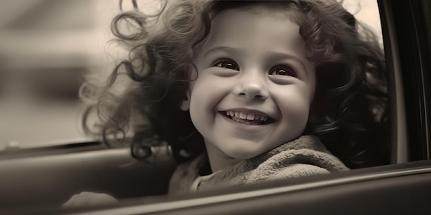 Szczęśliwa dziewczynka jedzie samochodem na letnią wycieczkę