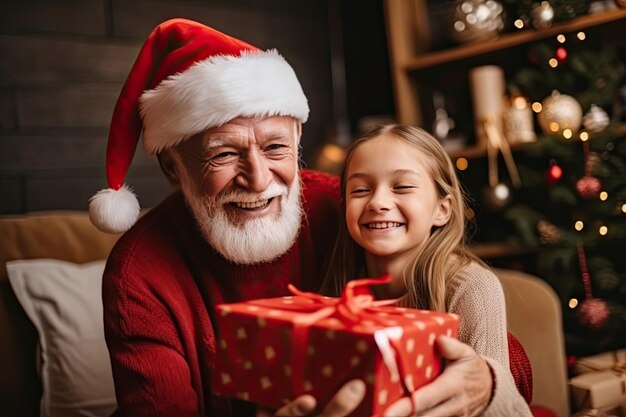 Szczęśliwa dziewczynka otrzymuje prezent świąteczny od dziadka Starszy mężczyzna jako Święty Mikołaj obejmujący wnuczkę trzymając pudełko z prezentami świątecznymi