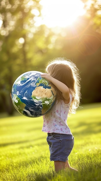 Zdjęcie szczęśliwa dziewczynka przytulająca planetę ziemię