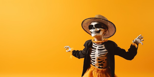Szczęśliwa dziewczynka w kostiumie szkieletu i kapeluszu czarownicy z makijażem czaszki, bawiąca się na imprezie z okazji Halloween