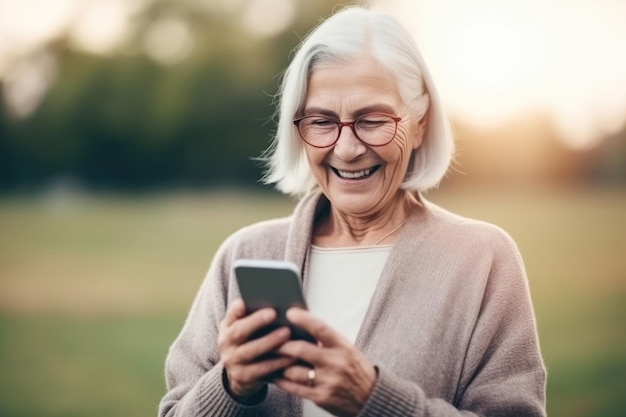 Szczęśliwa emerytowana stara kobieta trzymająca w rękach smartfon stworzony za pomocą generatywnej technologii sztucznej inteligencji