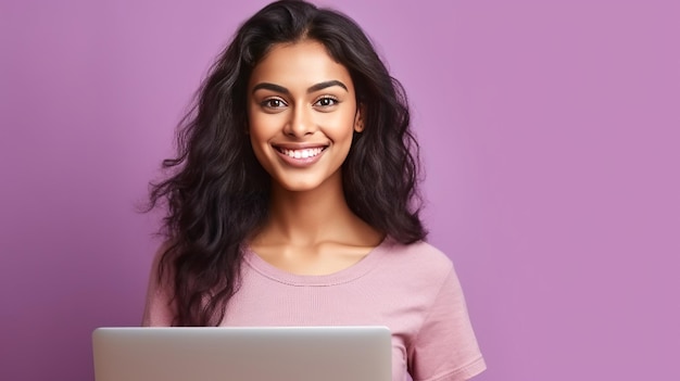 Szczęśliwa Hinduska z laptopem, pracująca lub studiująca online na liliowym tle