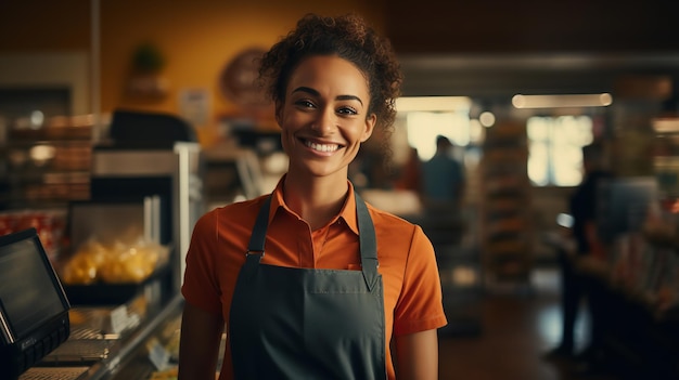 Szczęśliwa hiszpańska kobieta pracująca w dziale produktów w supermarkecie Generative Ai
