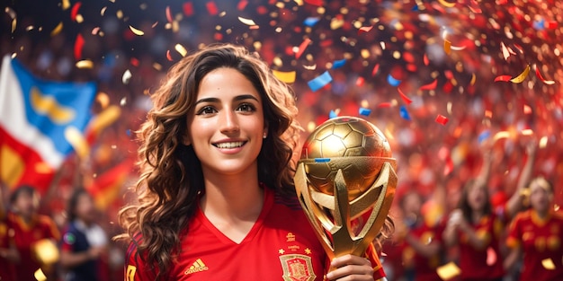 Zdjęcie szczęśliwa hiszpańska piłkarz z trofeum pucharu świata