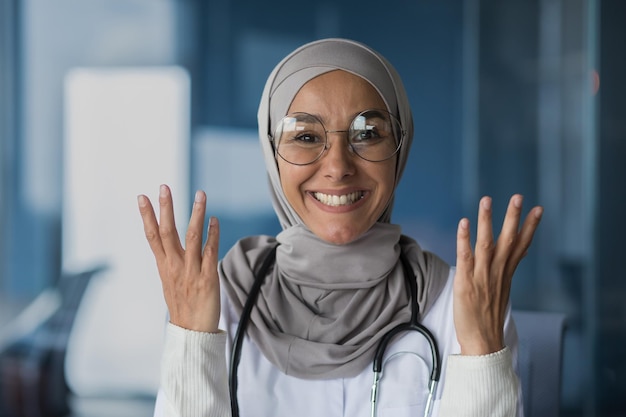 Szczęśliwa i przyjazna młoda piękna kobieta uczeń lekarza muzułmańskiego arabskiego stojącego w okularach hidżabu i