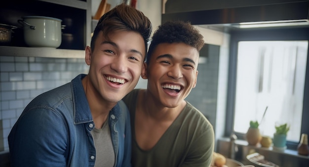 Szczęśliwa i seksowna młoda para gejów gotuje posiłek razem w domu