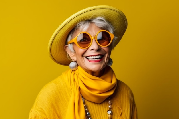 Szczęśliwa i zabawna fajna starsza pani z portretem modnych ubrań na kolorowym tle Młodzieńczy gra