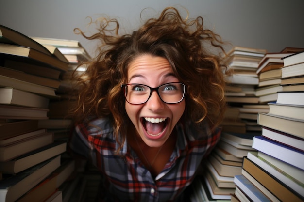 Zdjęcie szczęśliwa i zadowolona kobieta, uśmiechnięta otoczona książkami, przygotowująca się do egzaminów i pochłonięta czytaniem literatury