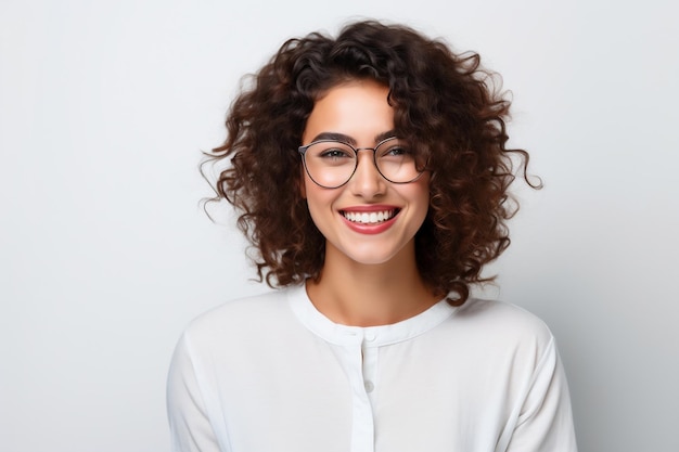 Szczęśliwa i zadowolona kobieta w okularach przedstawiona na białym tle Generacyjna AI