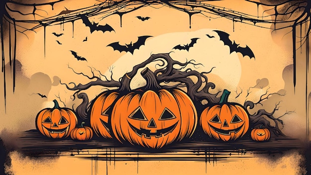 Szczęśliwa ilustracja tła halloween z nietoperzami i dyniami