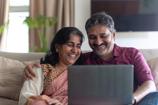 Zdjęcie szczęśliwa indyjska para w średnim wieku korzysta z laptopa podczas odpoczynku na kanapie w domu