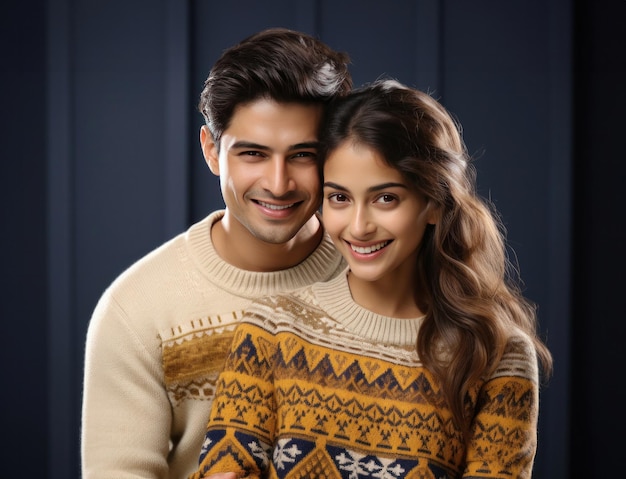 Szczęśliwa indyjska para w zimowym stroju lub swetrze