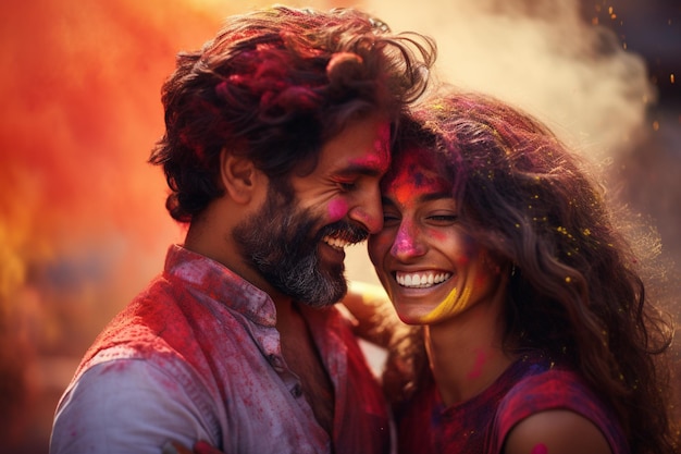 Szczęśliwa indyjska para z proszkiem Holi na twarzy na festiwalu Holi