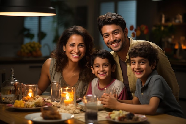 Szczęśliwa indyjska rodzina je obiad w domu